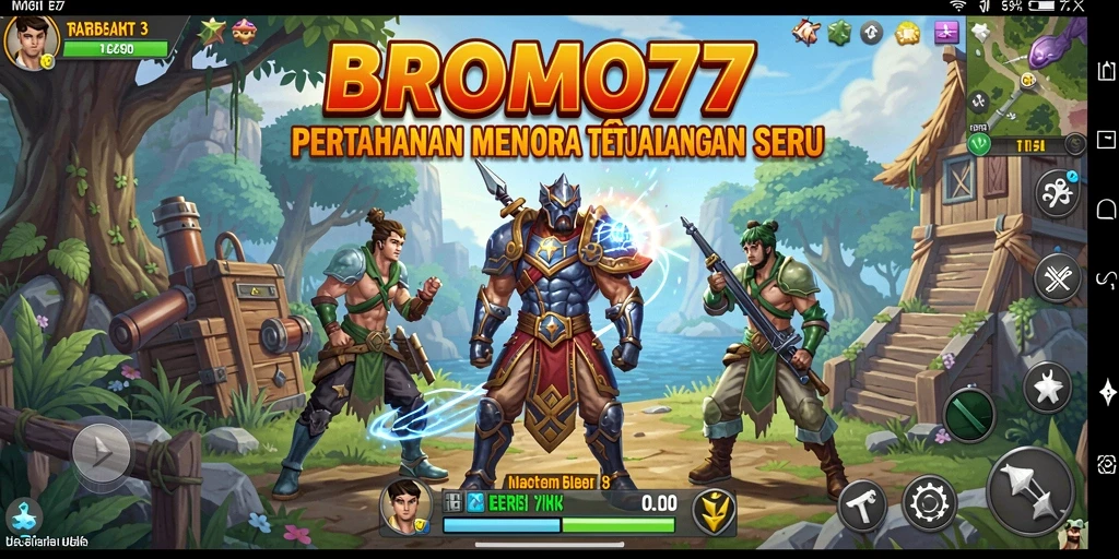 Screenshot gameplay BROMO77 dengan action menara pertahanan.
