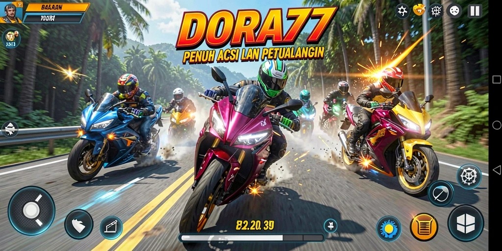 Screenshot gameplay DORA77 menampilkan aksi balapan motor yang mendebarkan.