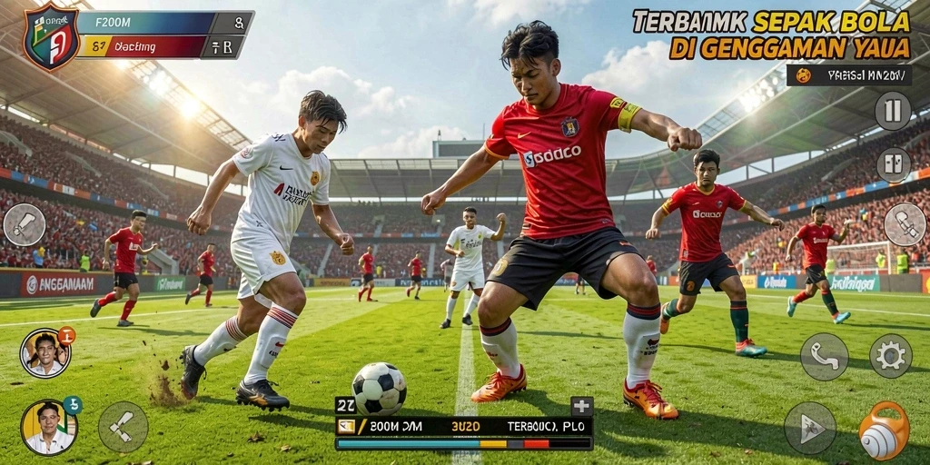 Tampilan seru gameplay F200M saat pertandingan sepak bola berlangsung.