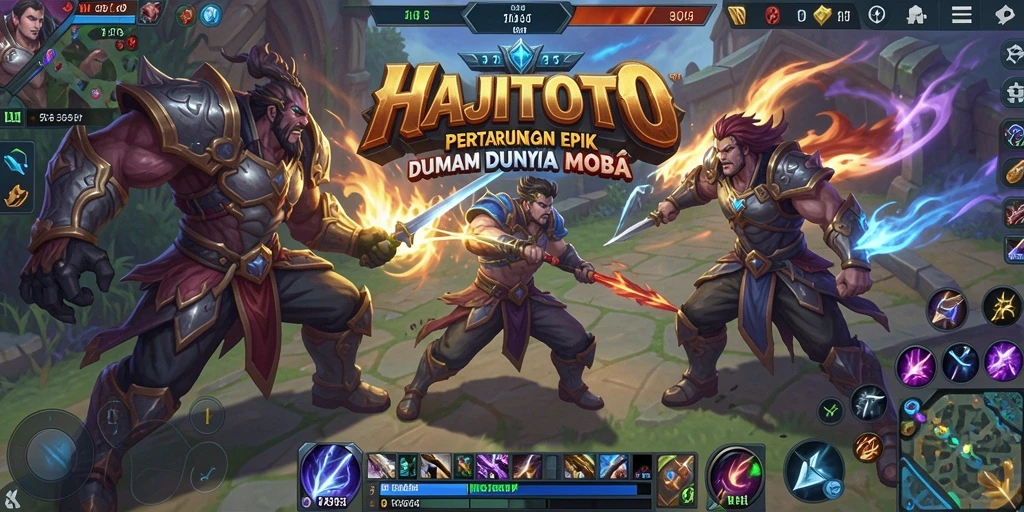 Tampilan gameplay seru dalam pertempuran MOBA di HAJITOTO.
