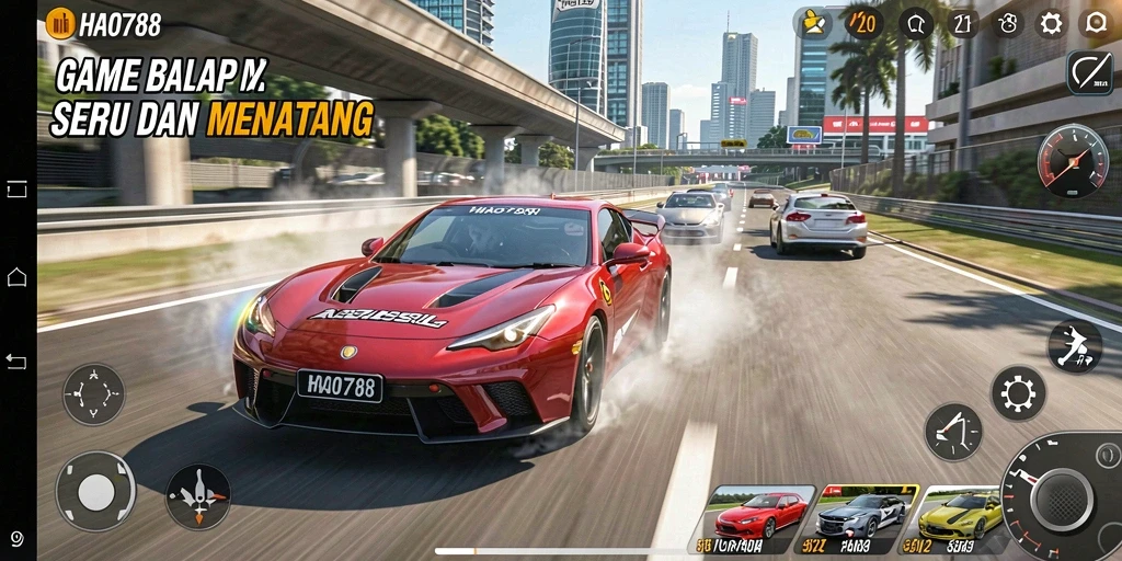 Tampilan balapan seru dalam HAO788 dengan mobil berkecepatan tinggi dan trek yang menantang.