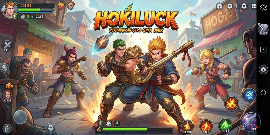 Gameplay HOKILUCK menampilkan pertarungan seru dengan karakter unik.