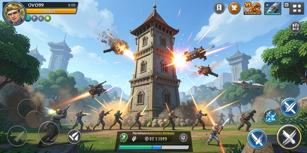 Tangkapan layar OVO99 yang menunjukkan aksi Tower Defense yang epic.