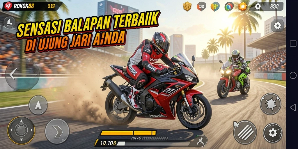 Gameplay ROKOK88 dengan aksi balapan motor yang seru dan mendebarkan.