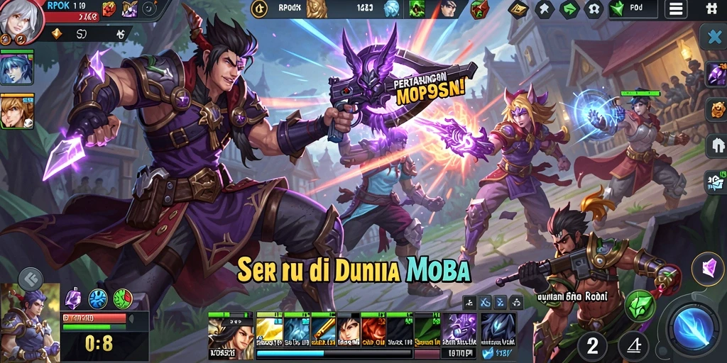 Screenshot gameplay RPOK menampilkan pertarungan epic di arena MOBA.