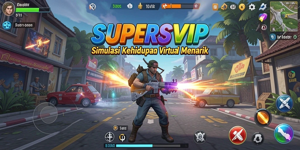 Tampilan gameplay SUPERSVIP menunjukkan karakter yang berinteraksi dalam dunia virtual.
