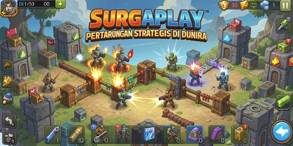 Tampilan seru dalam SURGAPLAY menunjukkan aksi Tower Defense yang mendebarkan.