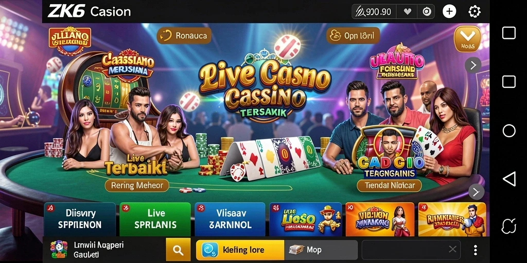 Screenshot dari gameplay ZK6 yang menunjukkan suasana casino hidup dan dealer berinteraksi.